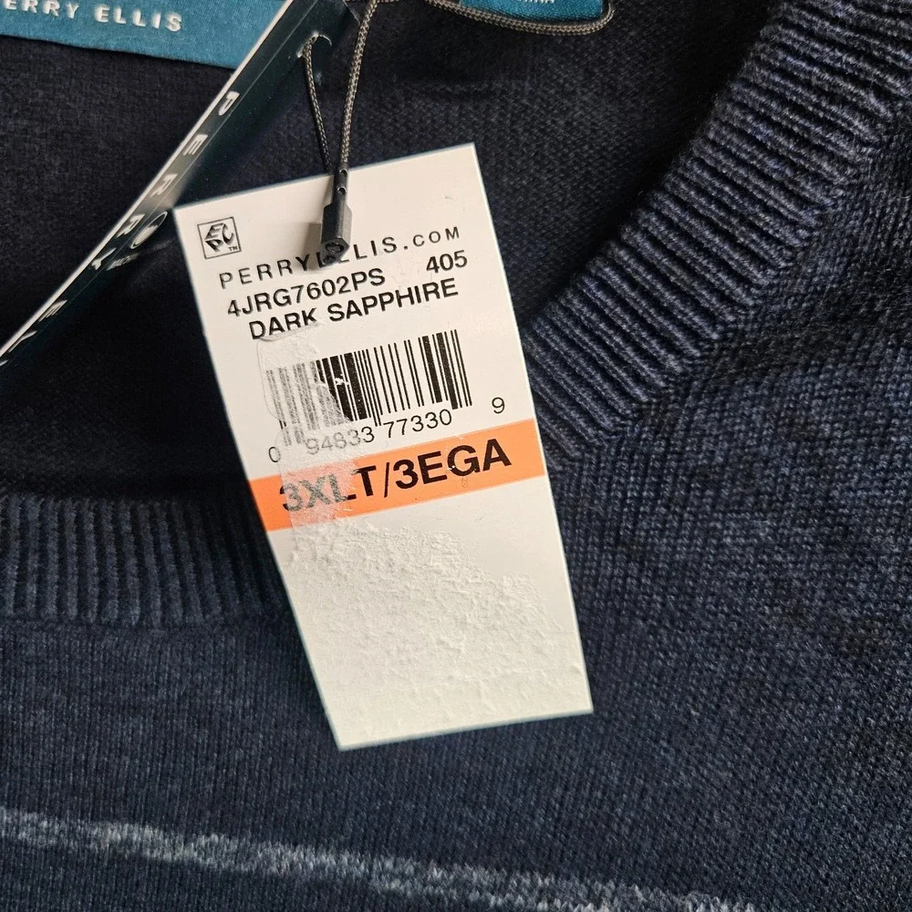 $99 NEW Perry Ellis Sweater Men 3XLT Tall Knit‎ Navy Gray Striped Cotton Blend